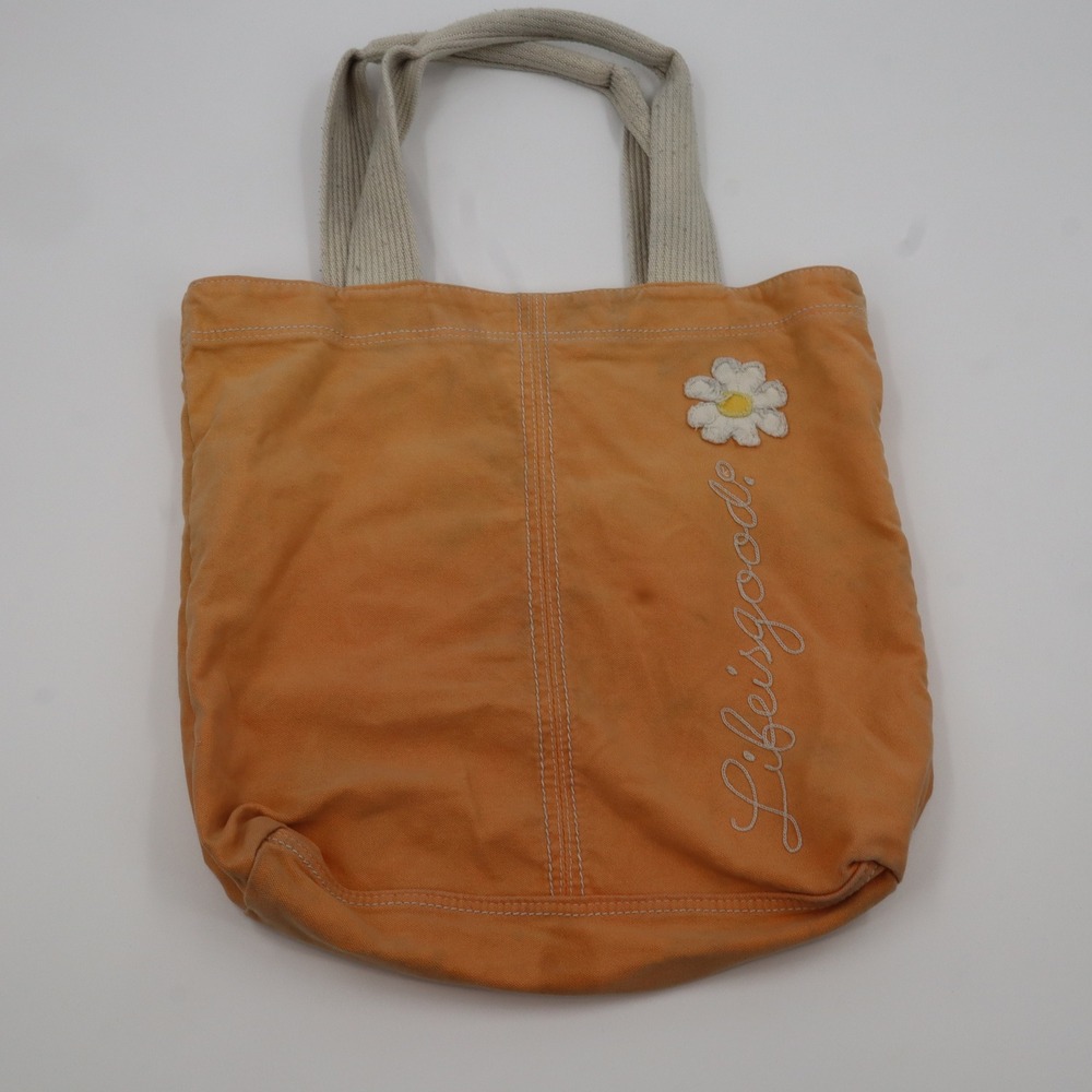 Life is Good Canvas Tote Bag Large Orange Daisy Embroidered Positive Vibes